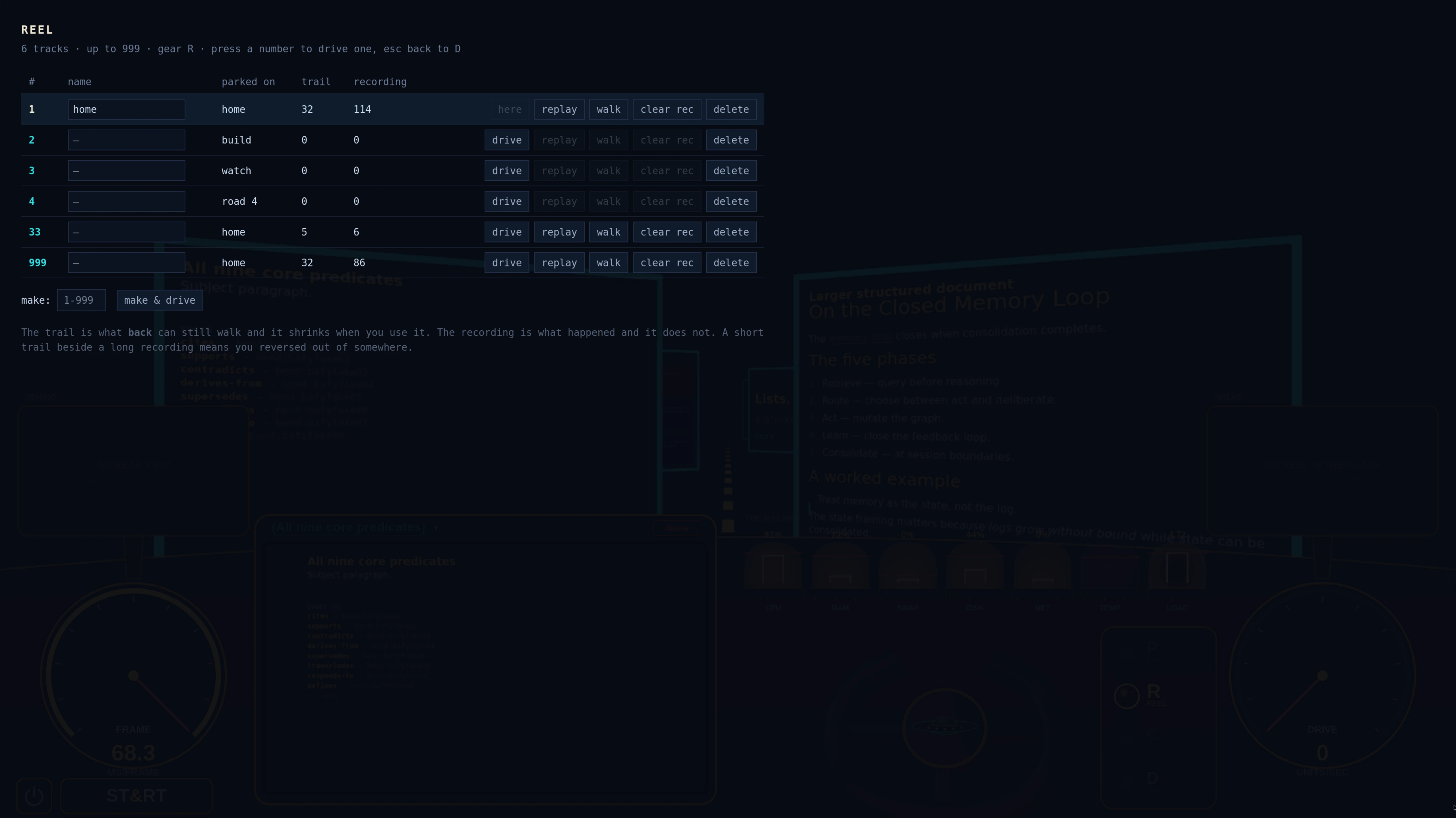 The reel: a table of tracks with columns for name, the road each is parked on, trail length and recording length, and per-track buttons reading here, replay, walk, clear rec and delete. Below it a make control accepting 1 to 999. The road and its documents are dimmed behind the overlay.
